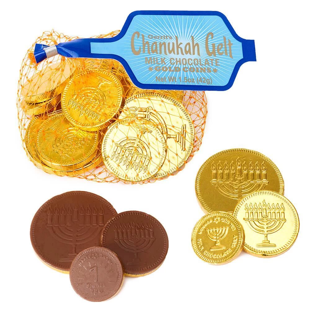 Chanukah Gelt Milk Chocolate Gold Coins In Mesh Bags: 18-Piece Box 1 Chanukah Gelt Milk Chocolate Gold Coins In Mesh Bags: 18-Piece Box