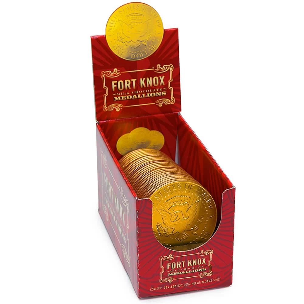 Fort Knox Gold Foiled Milk Chocolate US Dollar Medallions: 30-Piece Box 1 Fort Knox Gold Foiled Milk Chocolate US Dollar Medallions: 30-Piece Box
